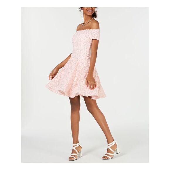 NWT B DARLIN Womens Pink Lace Sequined Off Shoulder Party Dress 5\6 - Picture 3 of 5